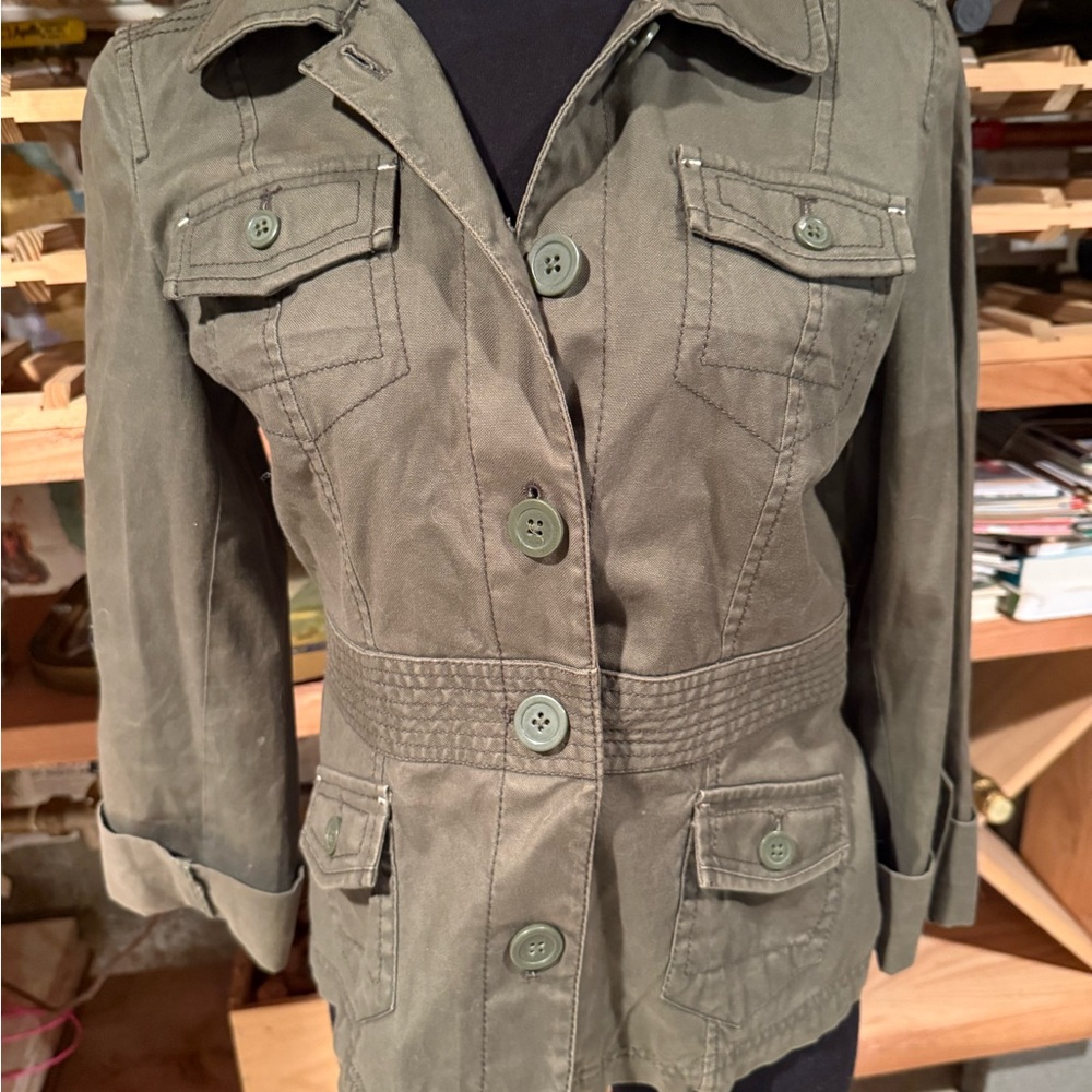 Ann Taylor LOFT Olive Green Utility Military Jacket Canvas Button Front Size‎ 2